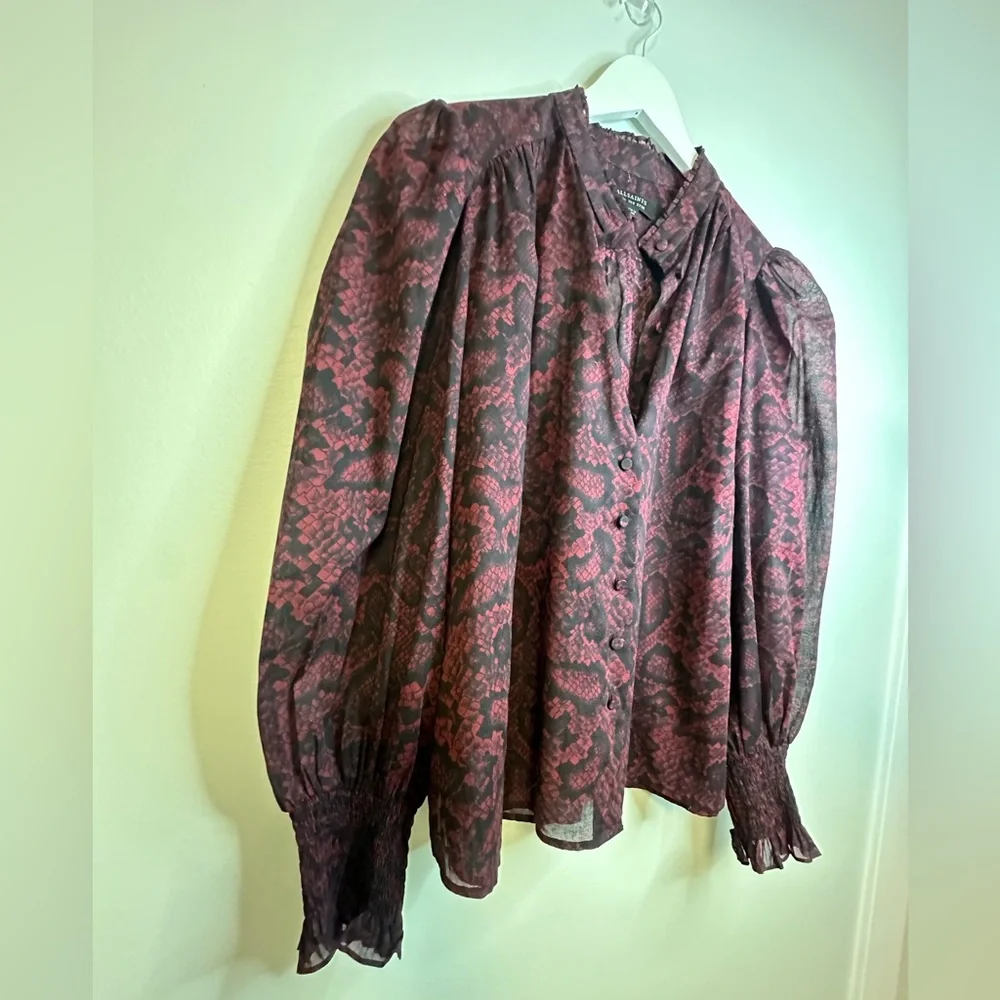 ALLSAINTS Leonie Stanza Shirt in Burgundy Red Python Sheer Print US Size 6 - Picture 10 of 17